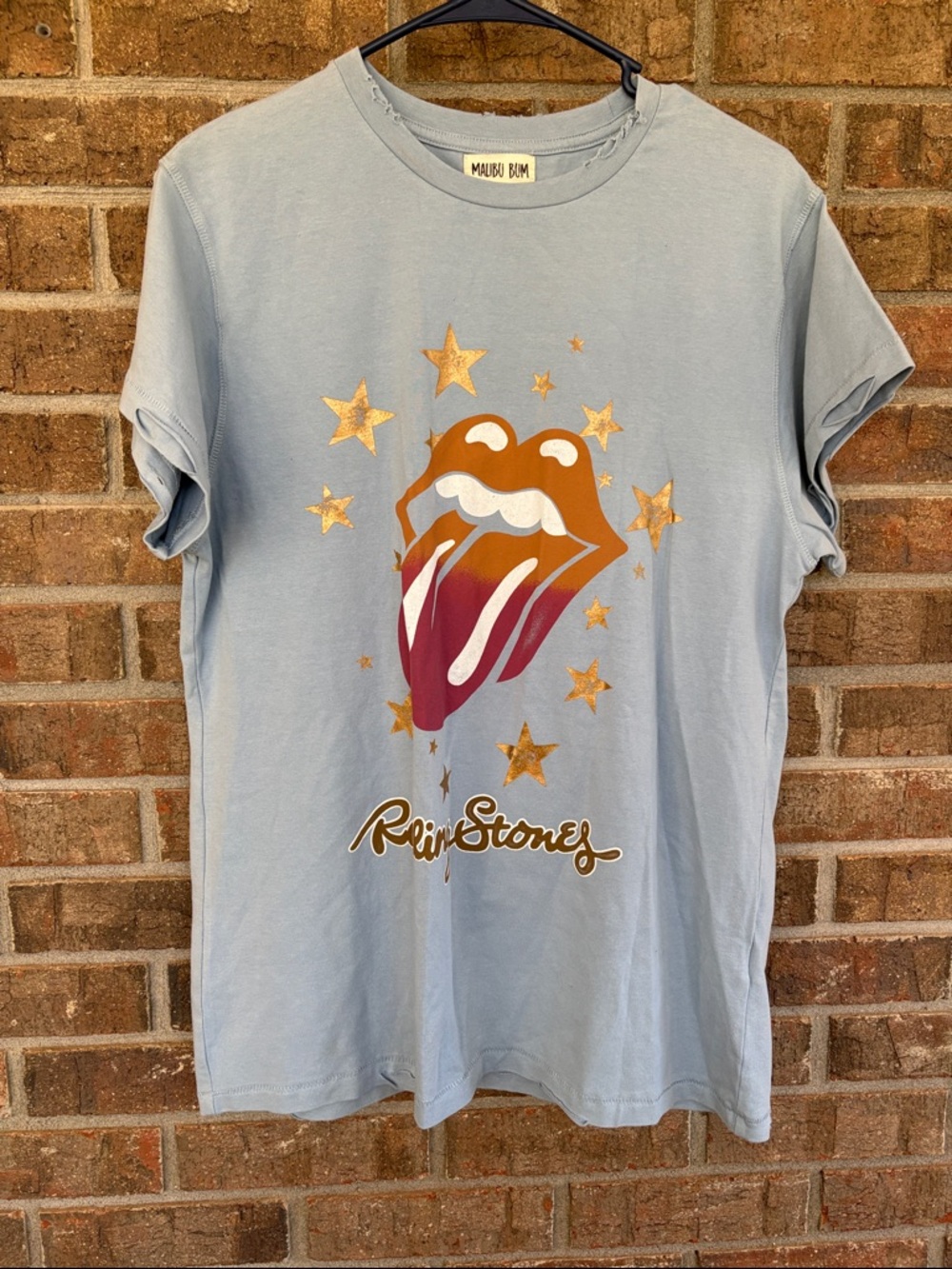 Malibu Light Blue Rolling Stones Tongue Graphic Tee with Gold Stars